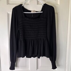 Altard State Smocked Peplum Top Long‎ Sleeve Square Neck Blouse Black Size S